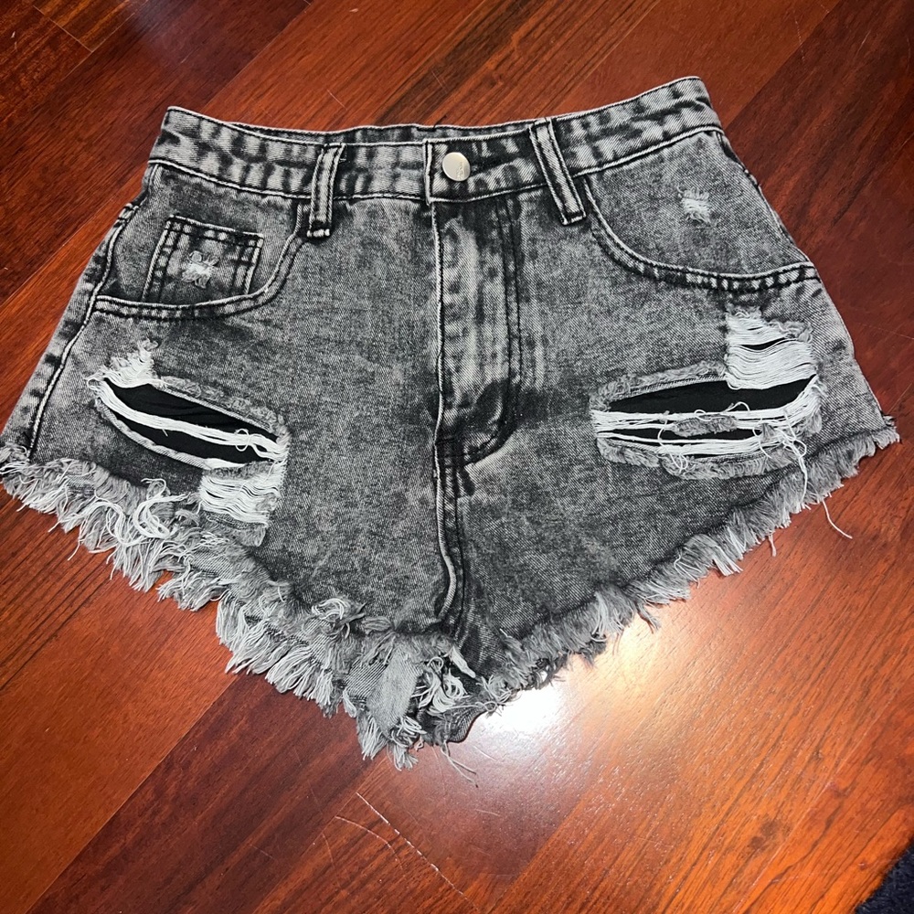 Distressed Black Denim Shorts
